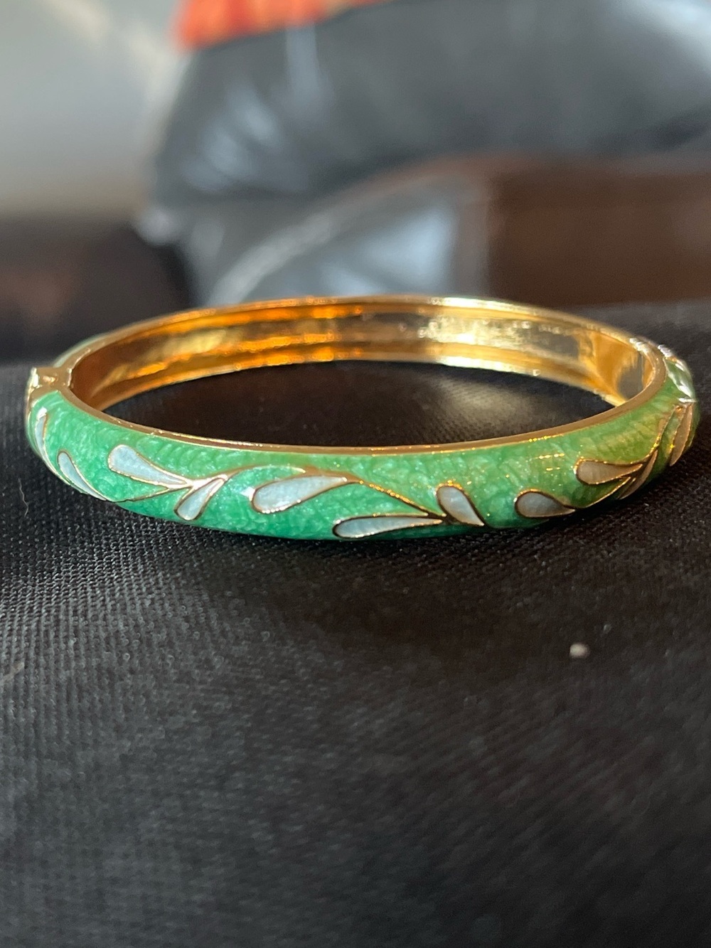 Gold-Tone Green Enamel Bangle Bracelet with White Leaf Accents